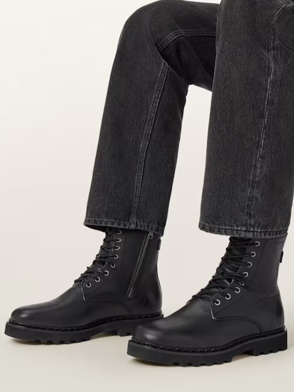 AllSaints Men's Skiff Military Black Leather Boots. Sz: EU 46/US 13